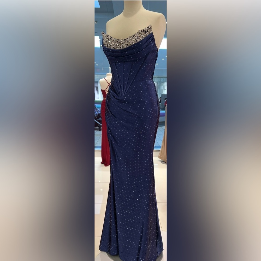 Strapless Navy Blue Evening Dress with Sparkle Detail